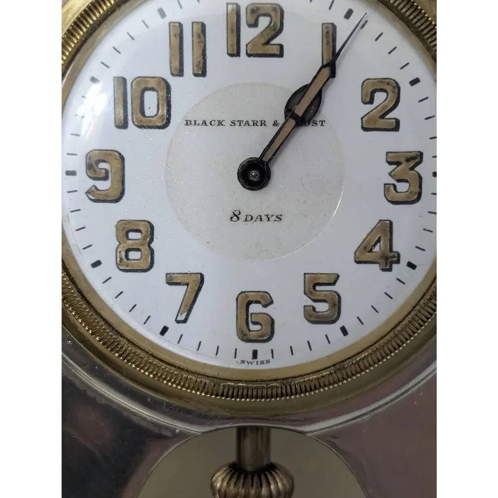 Antique Black Starr & Frost Sterling Silver Purse Desk Clock 8 Day Swiss